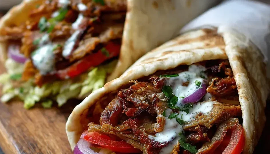 Homemade doner kebab wrap with thinly sliced, spiced meat, crisp lettuce, fresh tomato, red onion, and creamy garlic sauce, all wrapped in soft flatbread, served on a wooden board for an authentic street food experience.