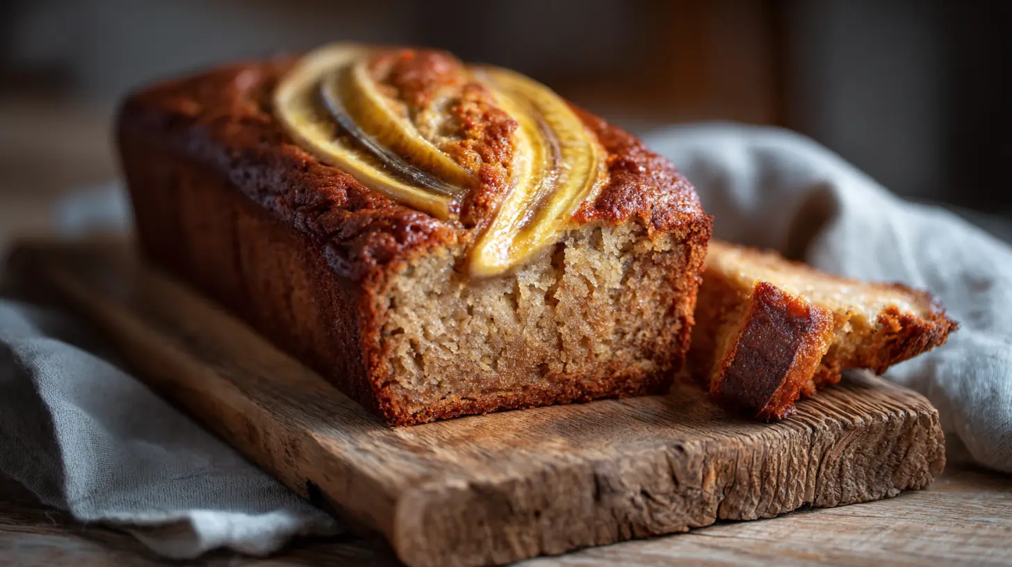 Moist 4-ingredient banana bread loaf on a rustic wooden board, topped with caramelized sliced banana, with one slice cut to show soft crumb