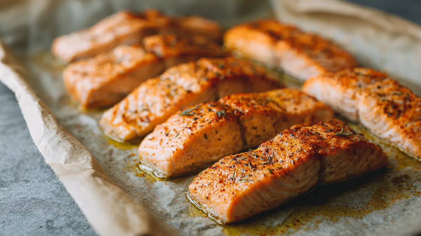 Oven-baked frozen salmon fillets on parchment paper, seasoned with herbs and spices, flaky and juicy, easy healthy weeknight meal
