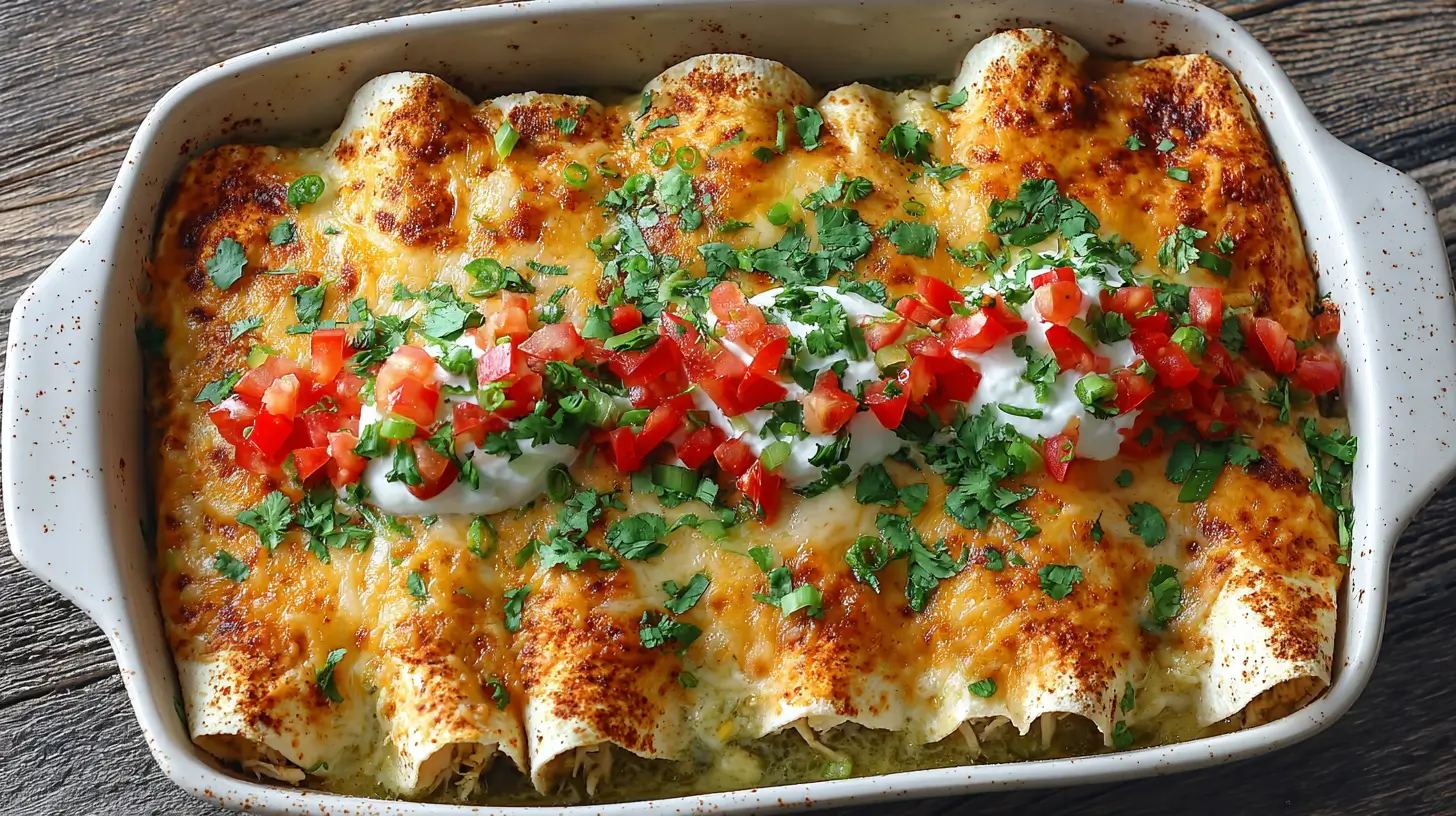 Baking dish filled with golden, cheesy chicken enchiladas topped with chopped tomatoes, sour cream, and fresh cilantro
