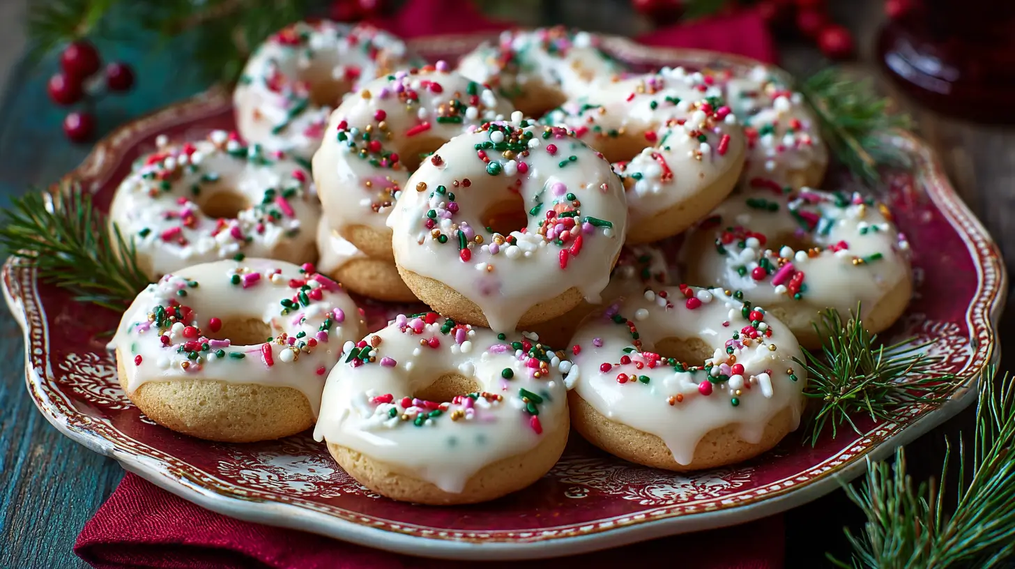 Classic Italian anise Christmas cookies (Anginetti) on a festive red plate, soft ring-shaped cookies topped with glossy white glaze and colorful holiday sprinkles, surrounded by pine branches for a traditional Christmas treat.