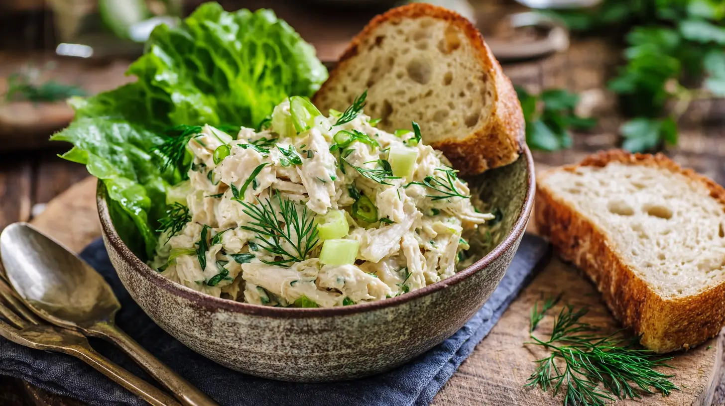 Bowl of classic chicken salad with celery, green onion, dill, and lettuce, served with slices of rustic bread