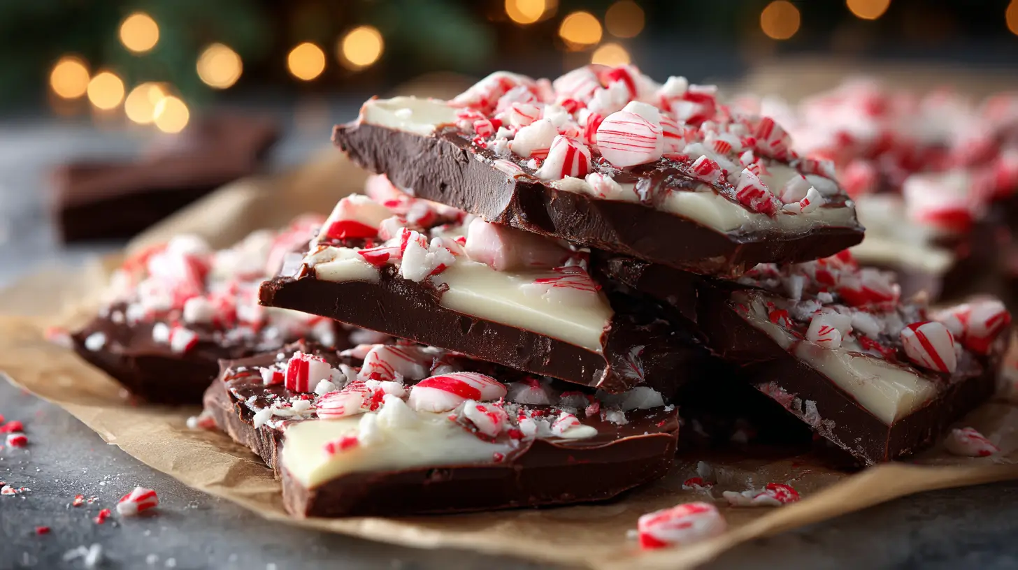 Classic peppermint bark stacked in festive shards, with rich dark chocolate and white chocolate layers, covered in crushed red and white peppermint candies—holiday treat on parchment with lights in the background