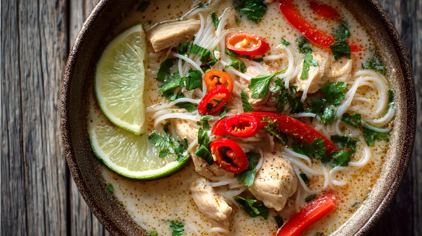 Easy Thai chicken soup in a rustic brown bowl, featuring tender chicken breast, thin rice noodles, red bell pepper, fresh cilantro, and lime wedges in a creamy coconut broth, garnished with sliced red chili, served on a wooden table.