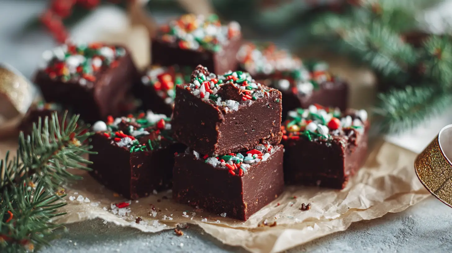 Easy Christmas fudge squares, rich chocolate with festive holiday sprinkles, stacked on parchment paper and surrounded by evergreen branches, for a classic no-bake holiday treat.