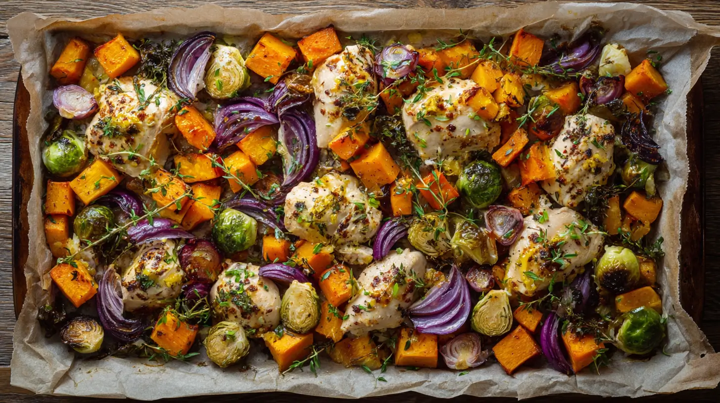 Healthy sheet pan fall dinner with roasted chicken thighs, butternut squash, Brussels sprouts, sweet potatoes, and red onion, all caramelized and garnished with fresh herbs on parchment paper.