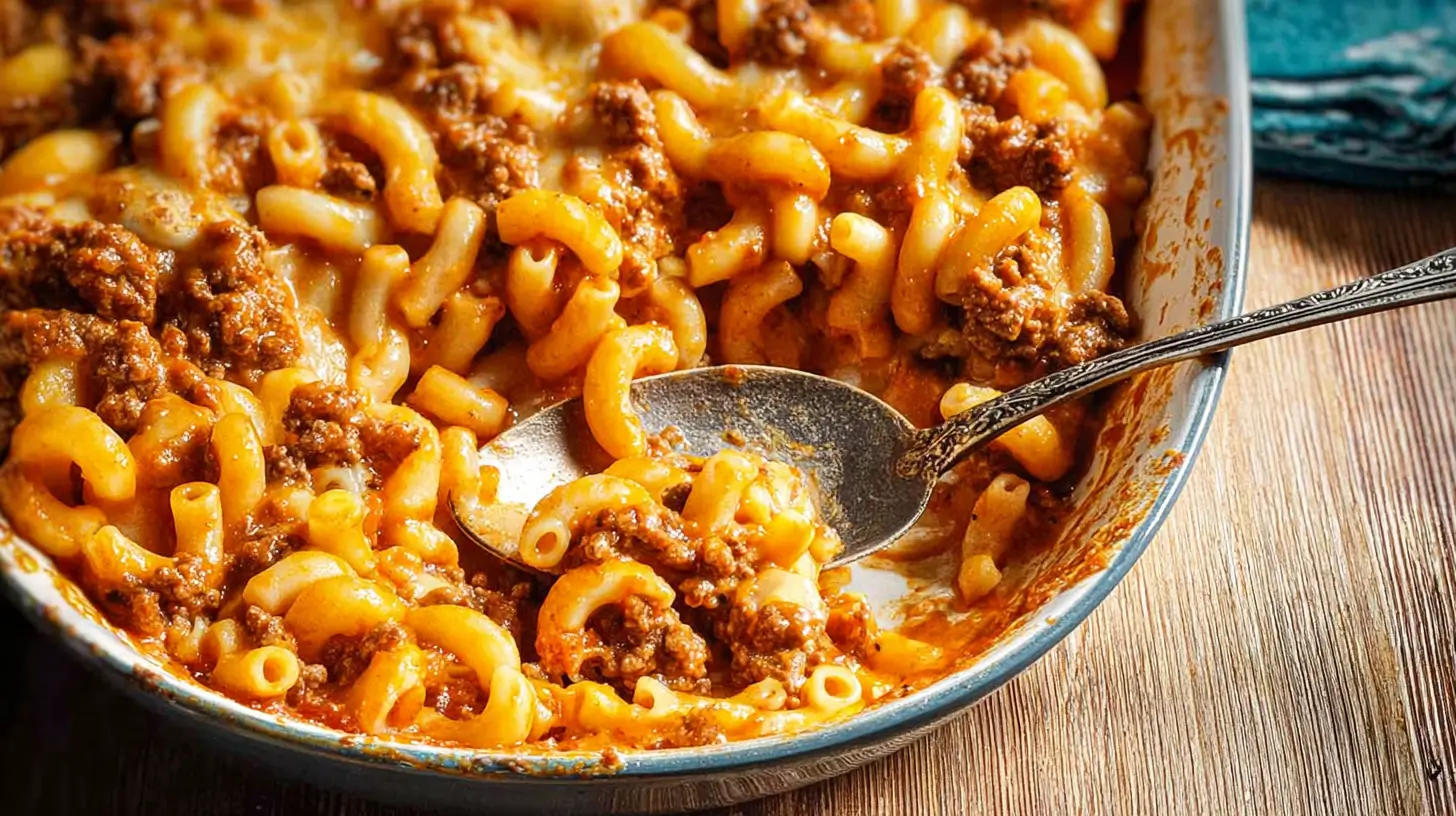Cheesy beef macaroni skillet with elbow pasta and rich tomato meat sauce, close-up with spoon scooping a creamy, comforting serving