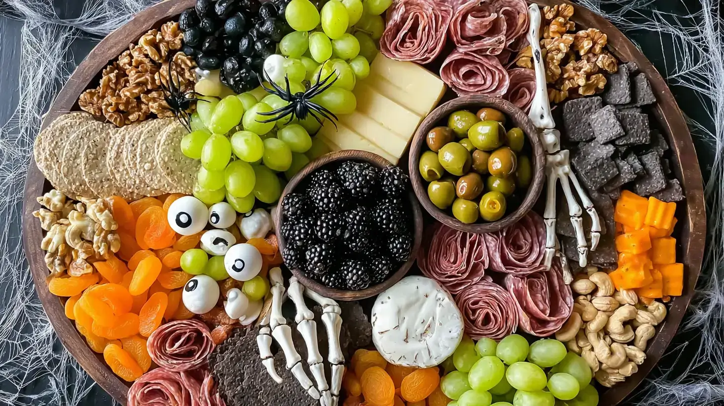 Halloween charcuterie board with cheddar, brie, mozzarella eyeballs, salami, prosciutto, olives, fruit, crackers, and plastic skeleton hands