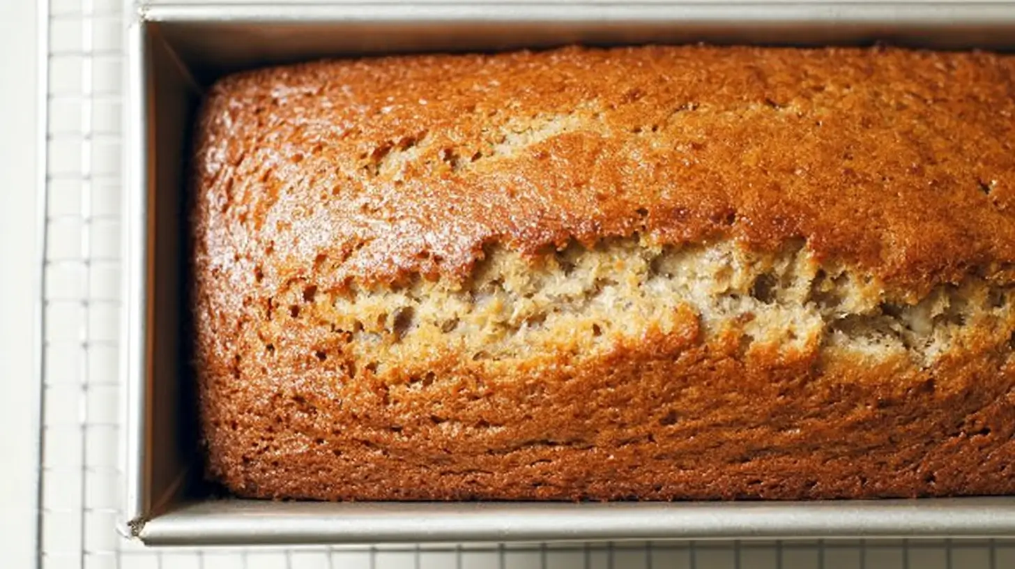 Moist homemade banana bread loaf in a metal pan, golden brown top with crackled center, cooling on a wire rack, close-up overhead view