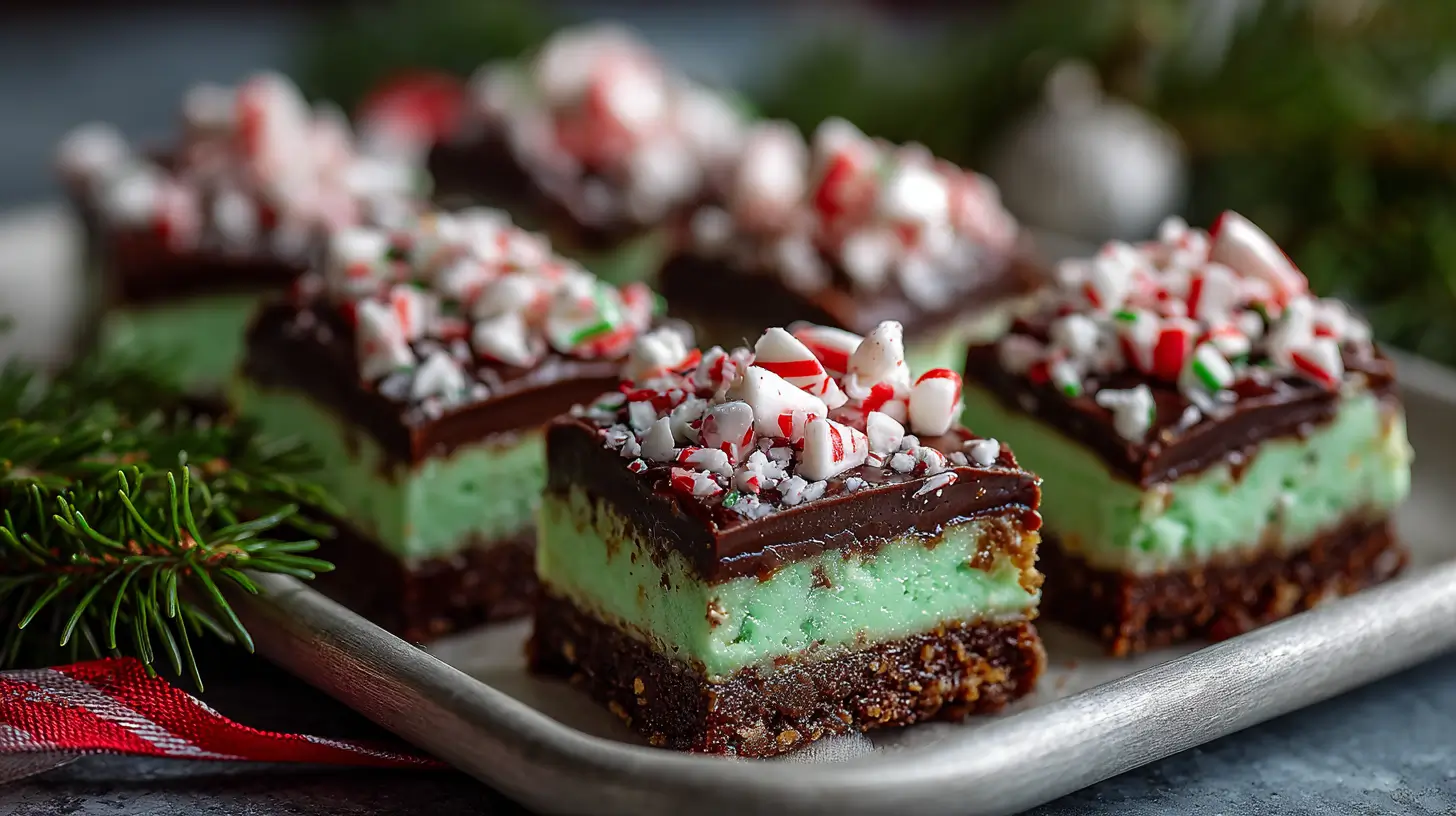 Peppermint Chocolate Christmas Squares, layered dessert bars with a chocolate crust, green peppermint filling, rich chocolate ganache, and crushed candy cane topping, served on a holiday tray.