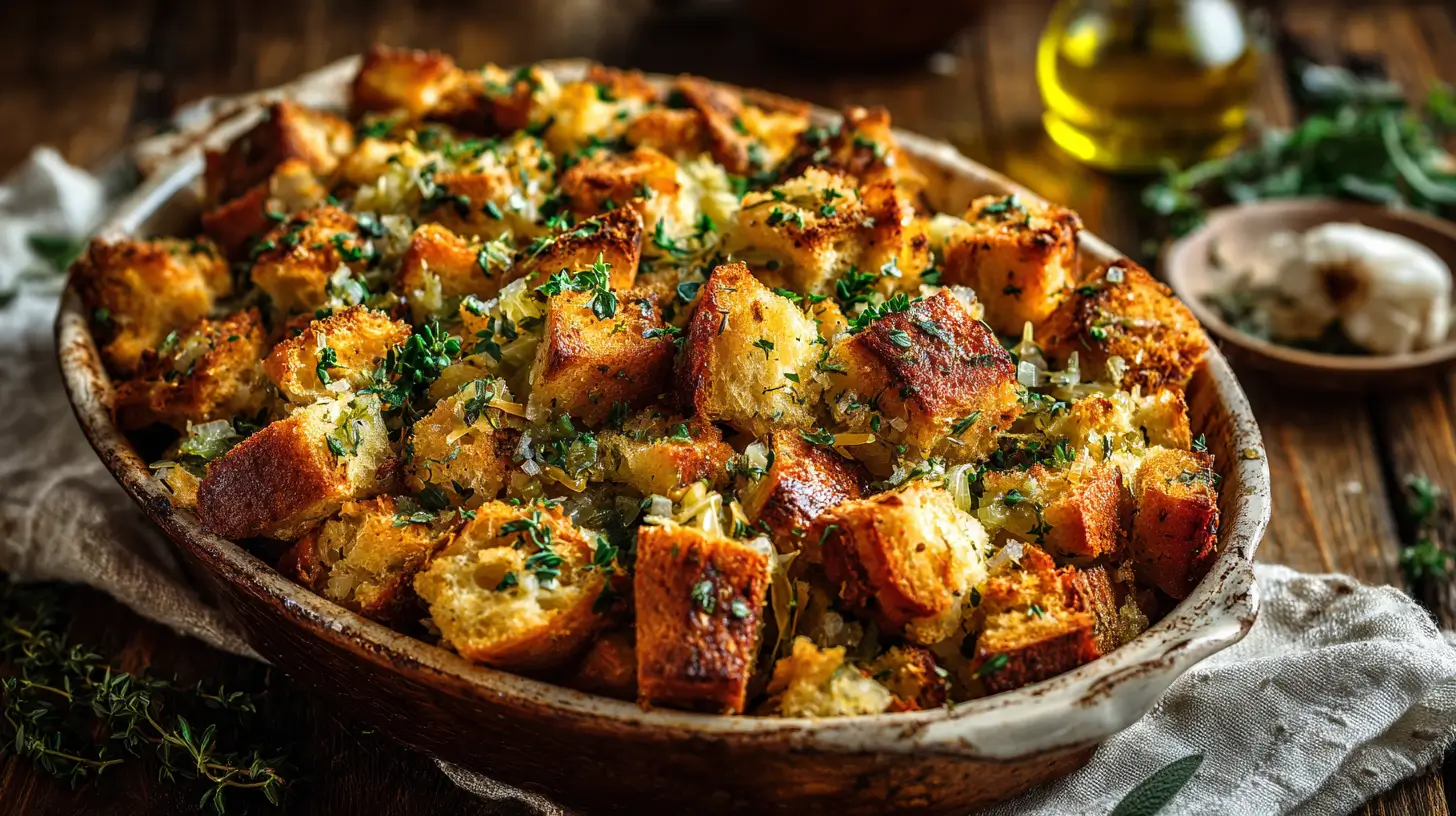 Classic stuffing in a rustic baking dish, made with golden toasted bread cubes, caramelized onions, celery, and fresh herbs like parsley, sage, and rosemary for a savory holiday side dish.