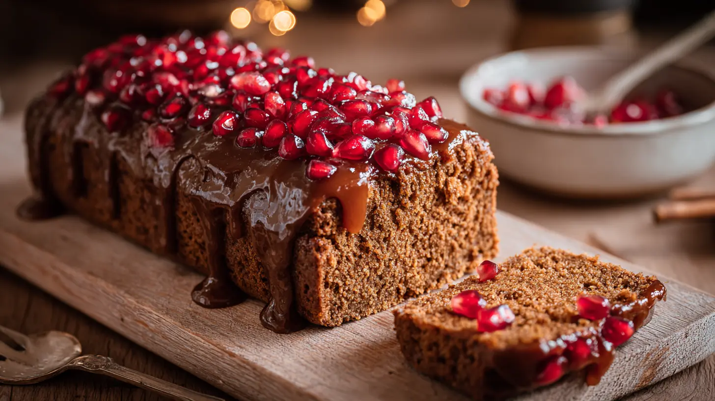 Delicious glazed vegan gingerbread loaf cake with pomegranate, perfect for vegan Christmas recipes.