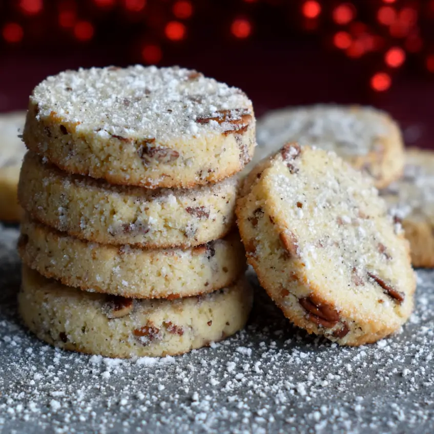 Powdered sugar-dusted nutty shortbread cookies, a delightful low sugar Christmas dessert, on a dark surface with festive bokeh lights.