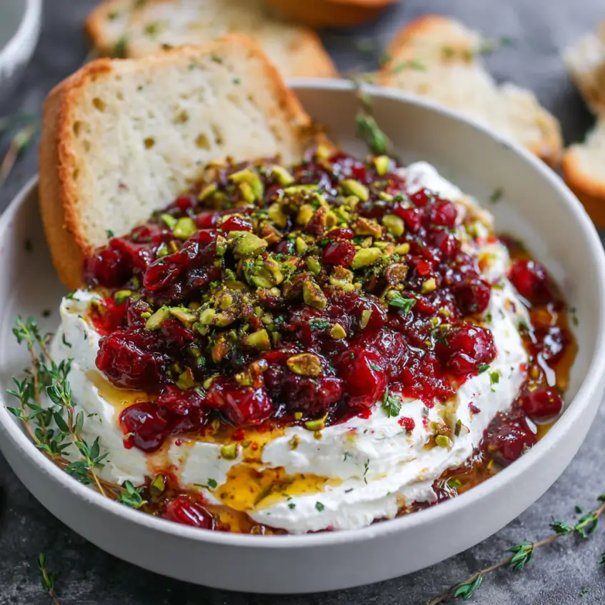 Creamy whipped feta dip topped with glossy cranberry sauce, chopped pistachios, and honey, served with toasted bread for a Christmas appetizer