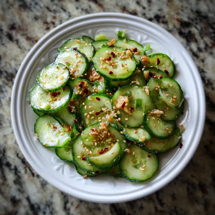 Vibrant Asian-inspired cucumber salad with sesame seeds and chili flakes in an off-white ceramic plate.