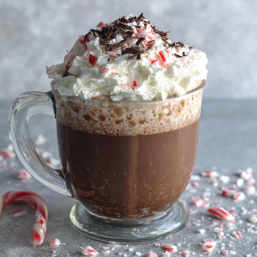 An appetizing close-up of a Peppermint Mocha Christmas hot chocolate served in a clear glass mug. It features rich chocolate, a generous swirl of whipped cream, festive chocolate shavings, and vibrant crushed peppermint pieces, evoking a cozy holiday treat.