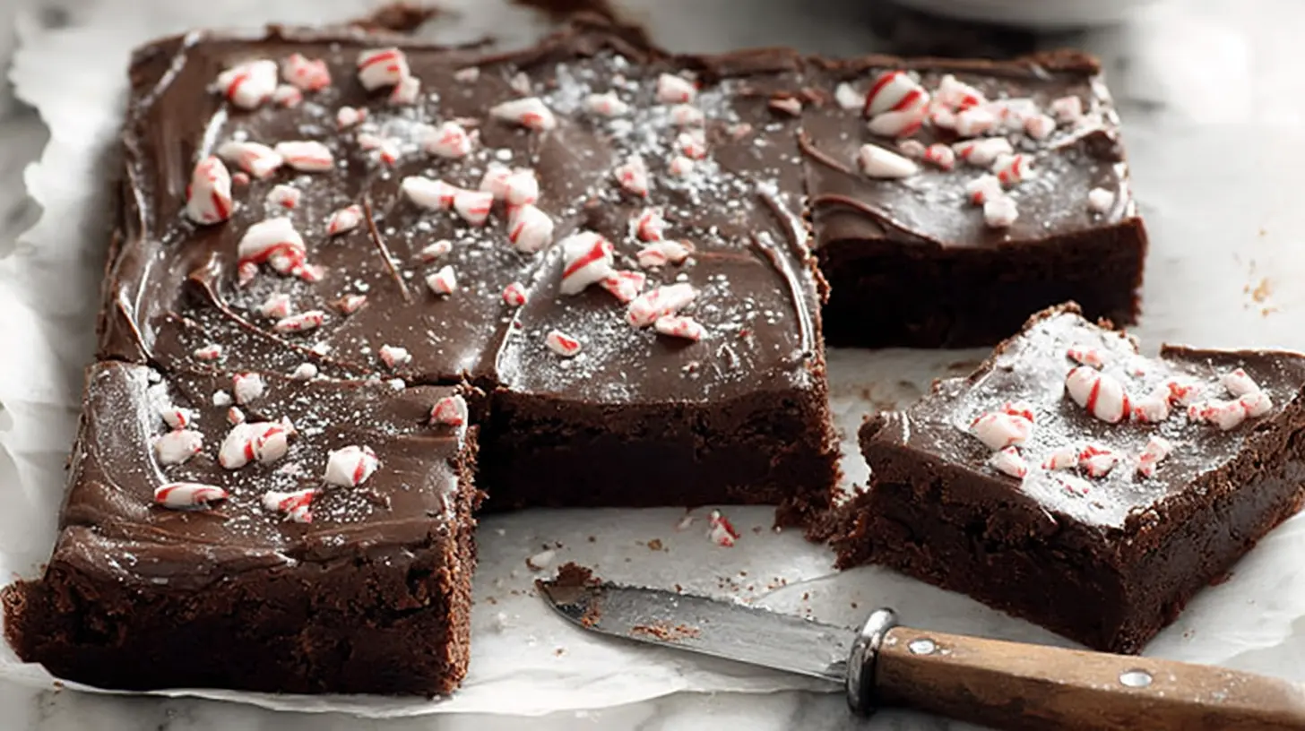 Rich, dark chocolate christmas brownies topped with festive peppermint and powdered sugar, freshly cut on parchment paper.
