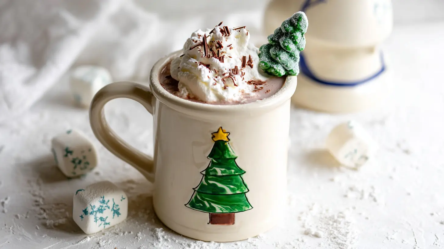 Festive Christmas hot chocolate in a cream mug with whipped cream, chocolate shavings, and a small green tree garnish, surrounded by snowflake marshmallows.