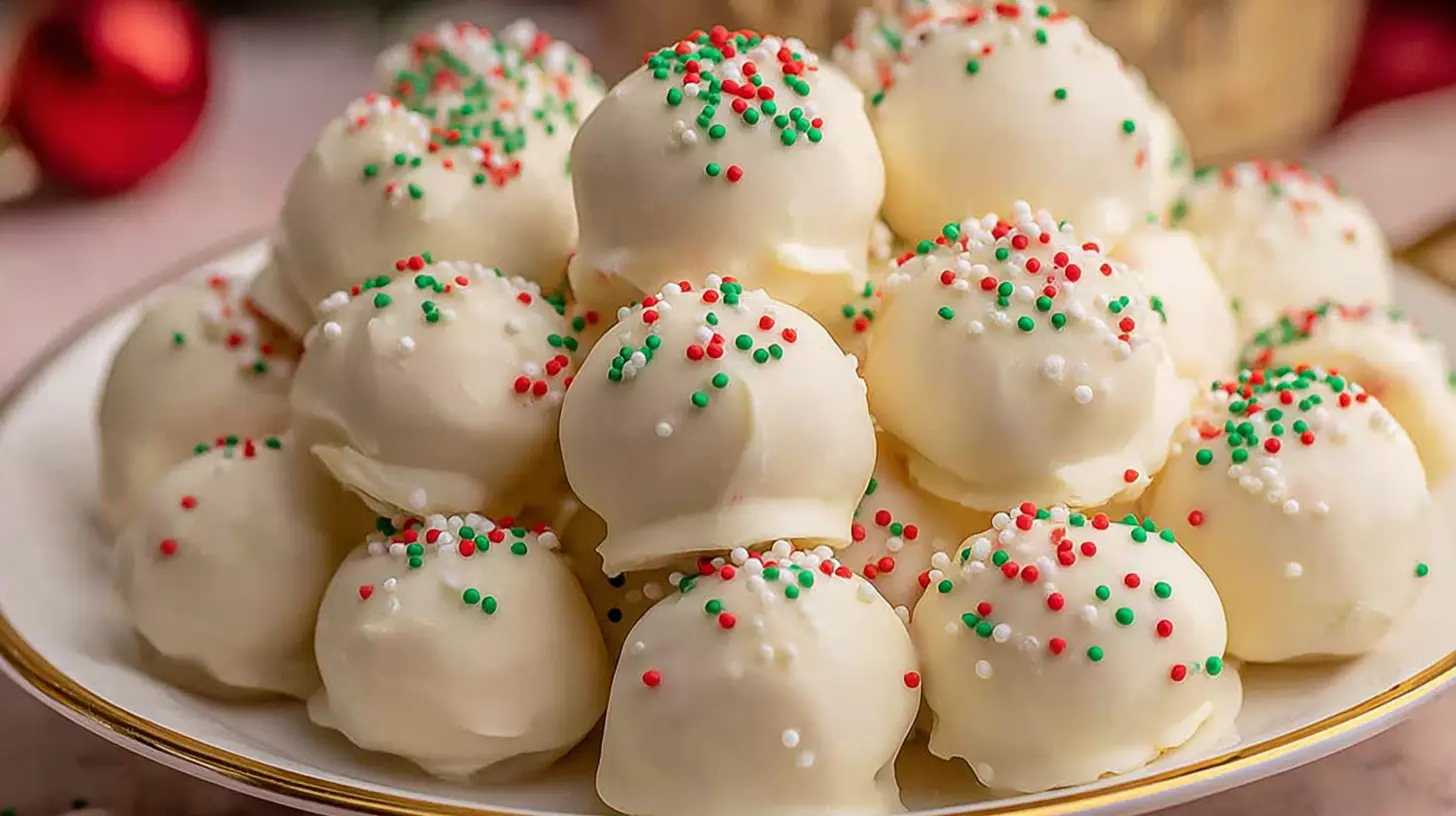 Festive Christmas Oreo Truffles piled on a gold-rimmed white plate with red, green, and white sprinkles.