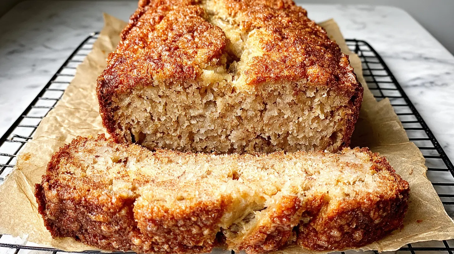 Golden-brown loaf of cottage cheese banana bread on a cooling rack, with a slice cut to reveal its moist, tender crumb.
