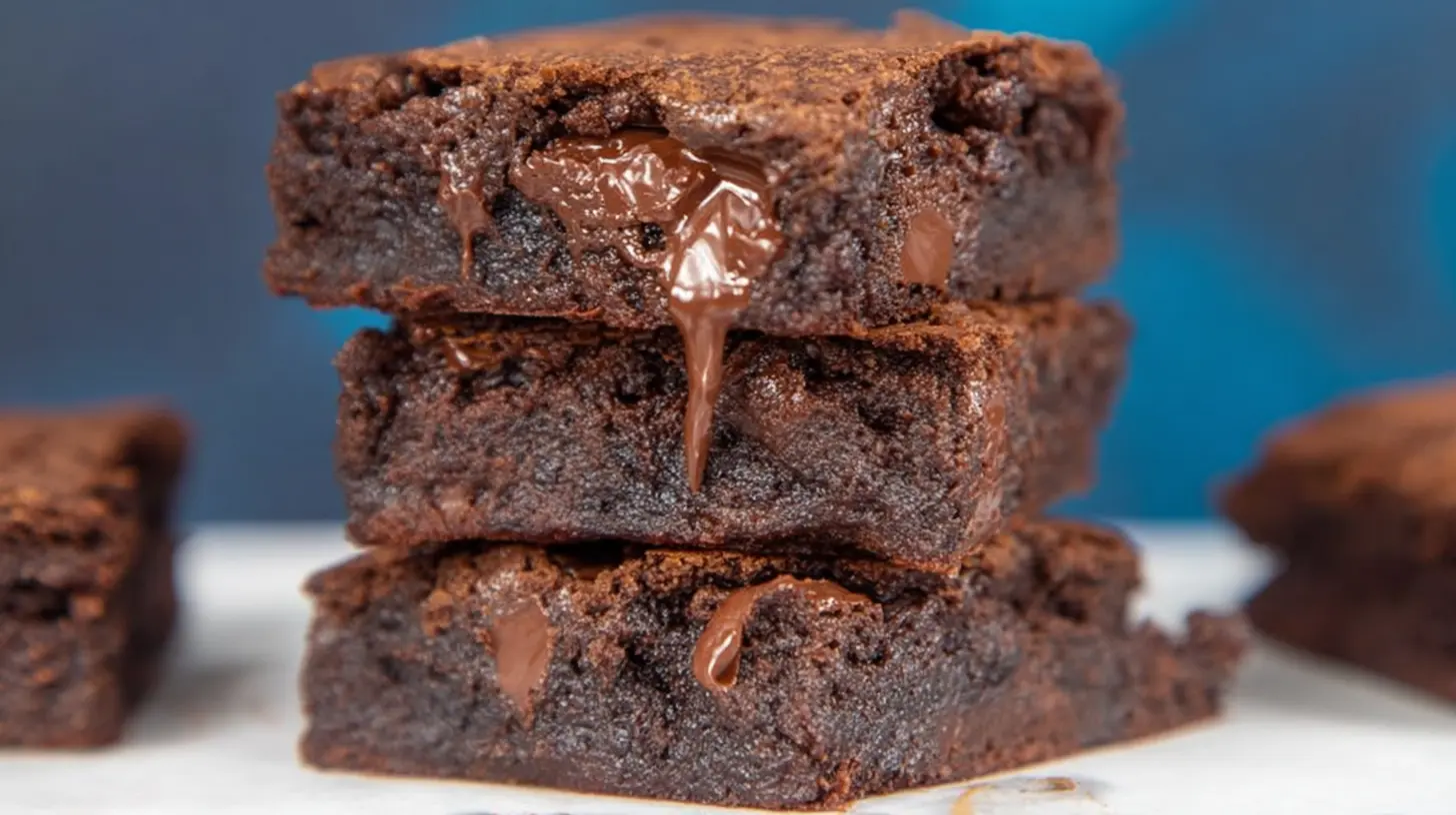 Stack of three rich, fudgy cottage cheese brownies with melted chocolate and chocolate chips.