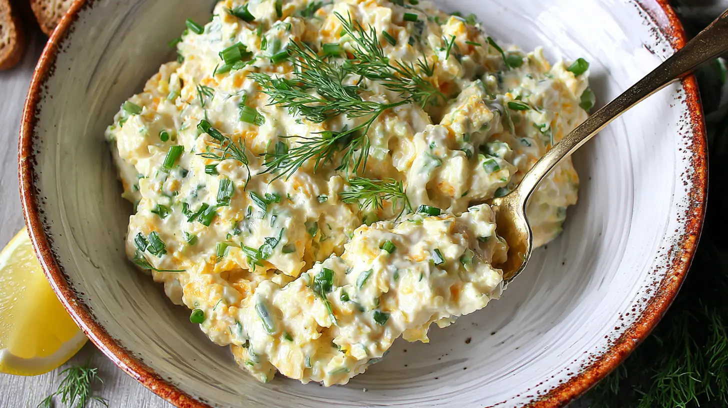 A rustic ceramic bowl filled with creamy cottage cheese egg salad, garnished with fresh dill, being scooped by a golden spoon.