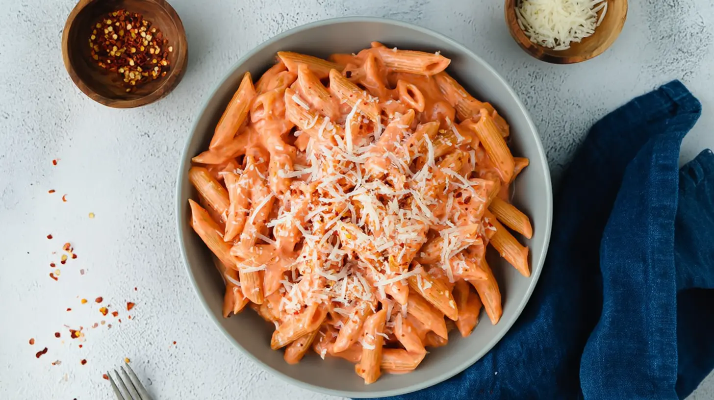 Delicious penne pasta with a creamy, reddish-orange cottage cheese pasta sauce, garnished with Parmesan and red pepper flakes, presented in a flat lay.