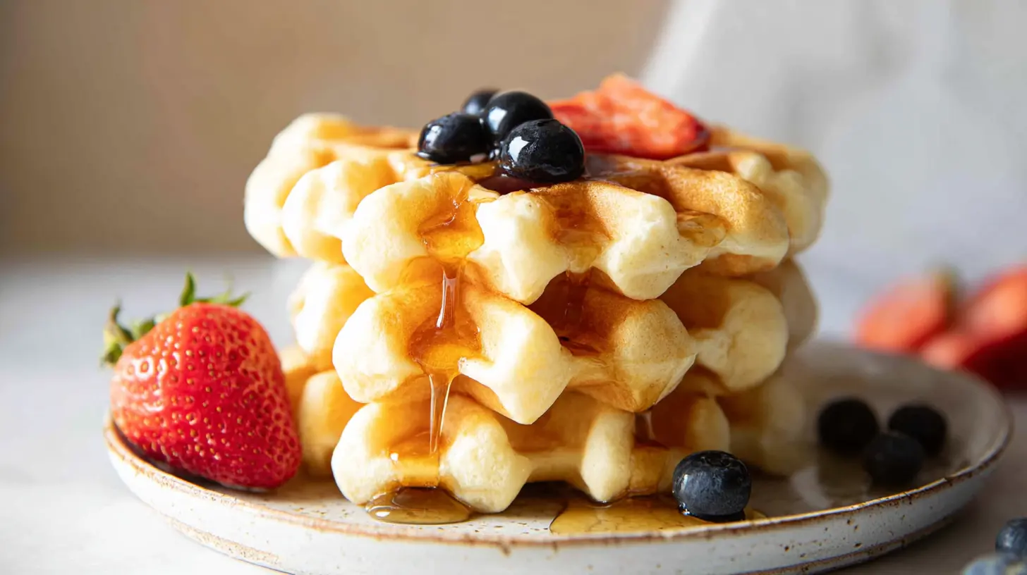 Close-up of golden cottage cheese waffles stacked high with fresh blueberries, strawberries, and rich syrup.