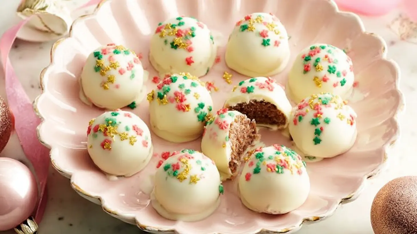 Festive white chocolate-coated gingerbread truffles on a pink scalloped plate with red, green, and gold sprinkles, perfect for holiday gatherings.