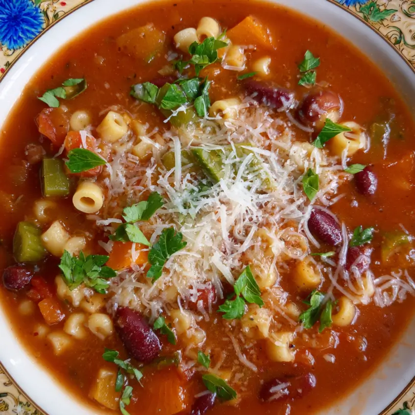 Close-up of a hearty bowl of crockpot minestrone soup, brimming with colorful vegetables, pasta, beans, and topped with grated cheese.