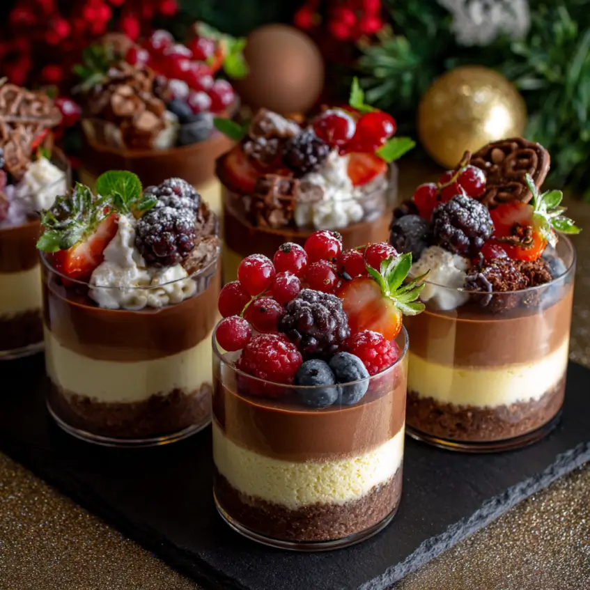 Layered chocolate and berry parfaits in clear cups, an easy Christmas dessert in cups, beautifully garnished with fresh fruit and mint on a festive holiday background.