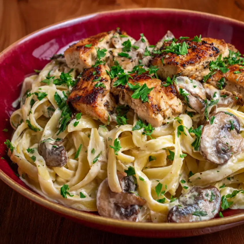 Creamy Chicken Fettuccine Alfredo with grilled chicken, mushrooms, and fresh parsley in a red bowl.