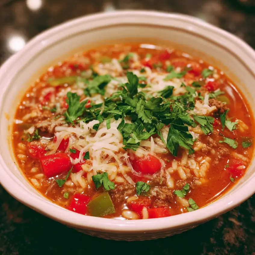 Hearty stuffed pepper soup with ground beef, rice, bell peppers, cheese, and fresh herbs in a ceramic bowl.