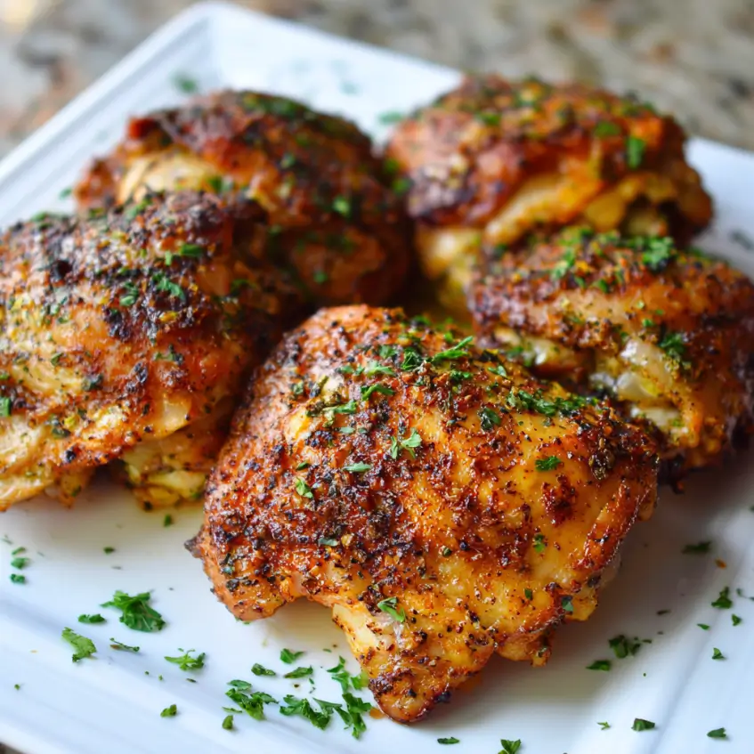 Close-up of perfectly seasoned and crispy air fryer chicken thighs garnished with fresh parsley.