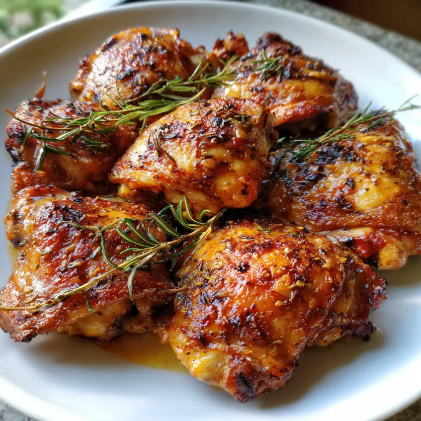 Perfectly cooked, golden-brown chicken thighs garnished with rosemary, ideal for showcasing delicious chicken thigh recipes.