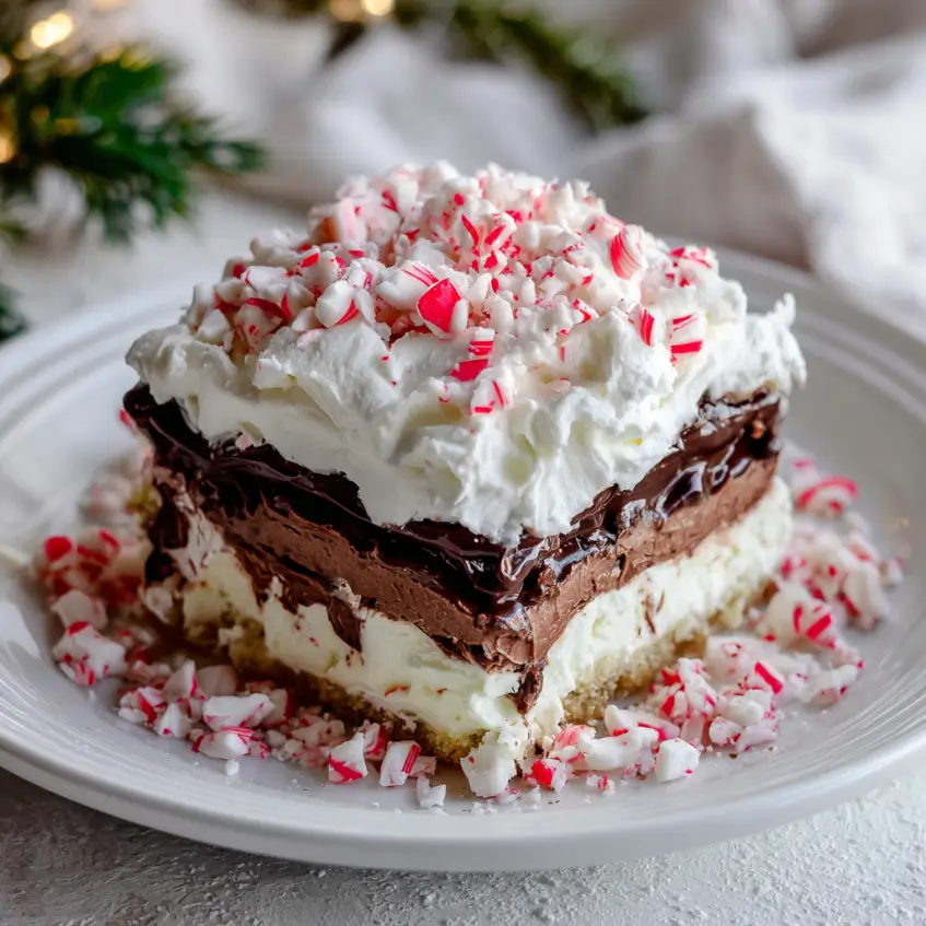 A festive, multi-layered peppermint chocolate dessert slice with chocolate mousse, white cream, whipped cream, and crushed candy canes.