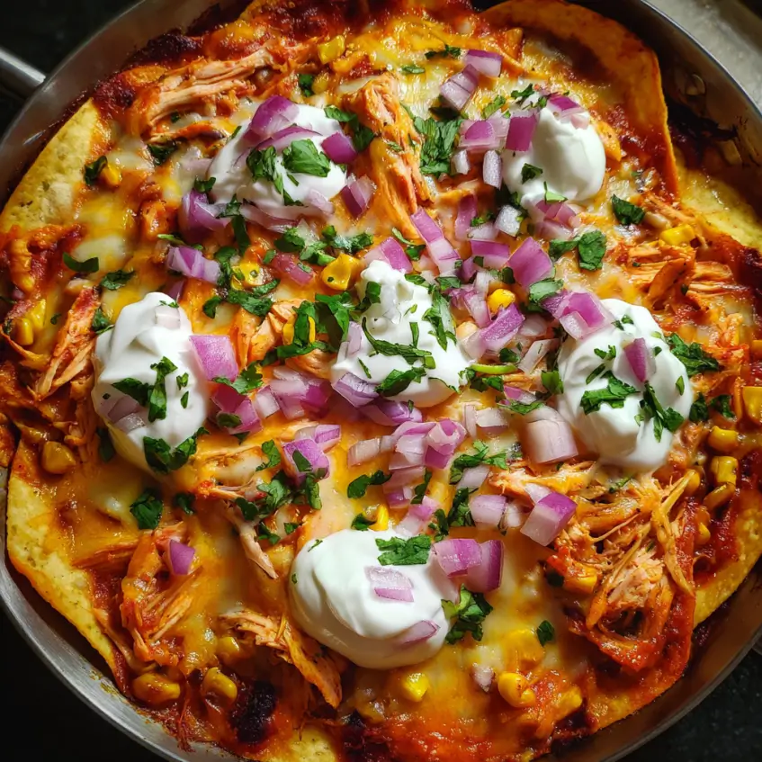 Overhead view of a baked Chicken Tortilla Dump Dinner in a skillet, topped with melted cheese, sour cream, red onion, and cilantro.