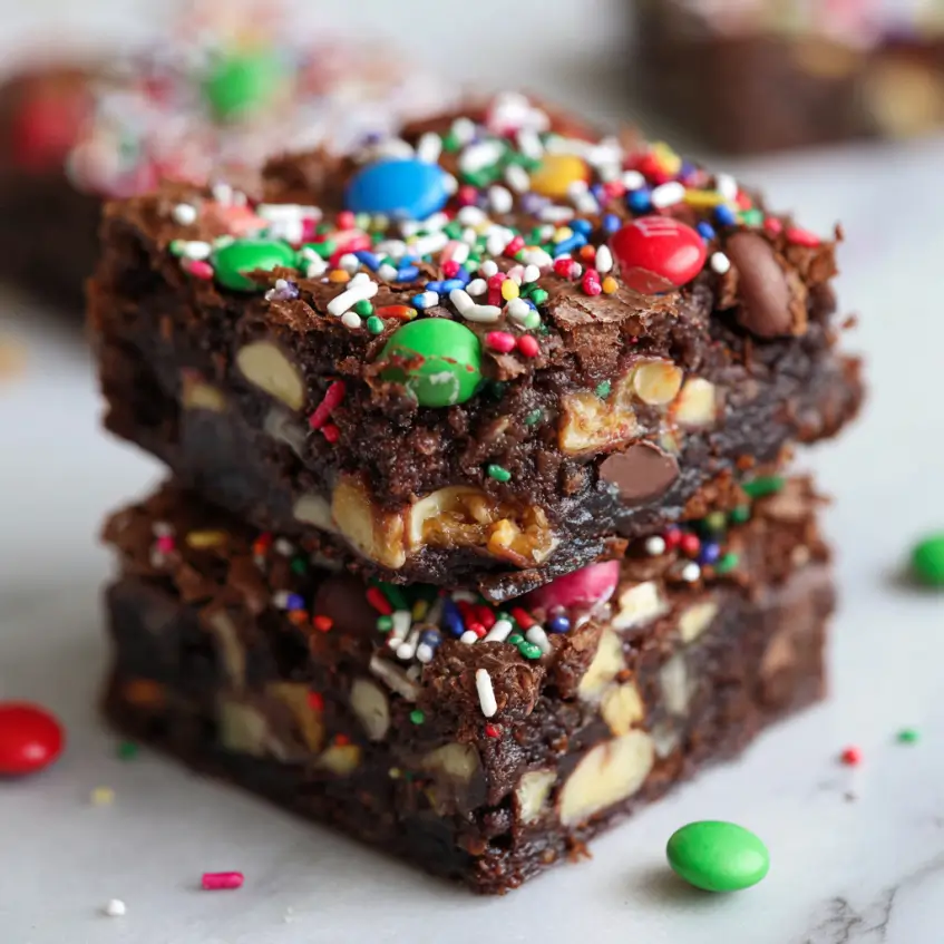 Stacked chocolate holiday brownies recipe featuring colorful candies, sprinkles, and nuts on a light surface.