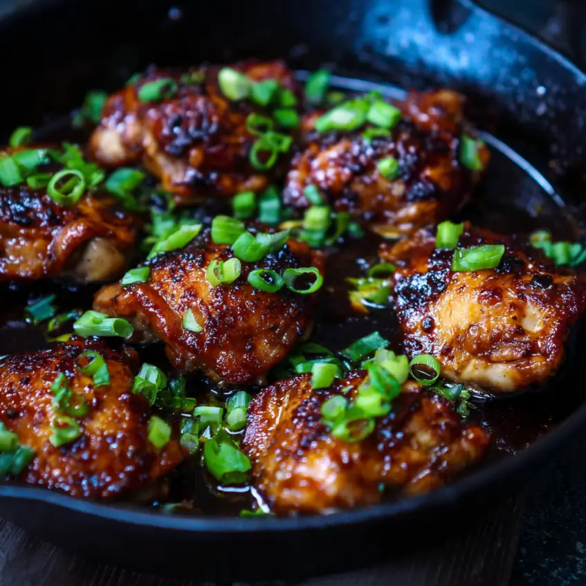 Succulent Caramel Chicken in a cast iron skillet, garnished with fresh green onions.