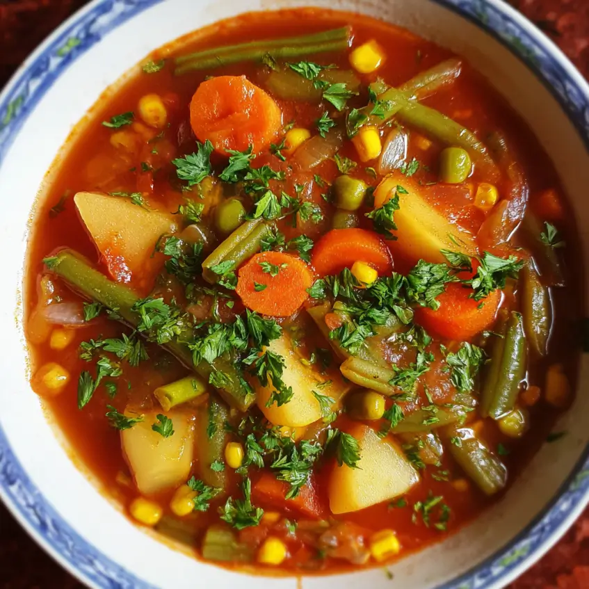 Close-up, top-down view of a vibrant bowl of hearty homemade vegetable soup garnished with fresh herbs in a white ceramic bowl.