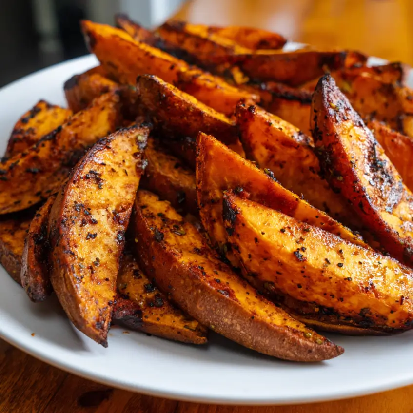 Close-up of perfectly seasoned and crispy air fryer sweet potatoes piled high on a white plate.
