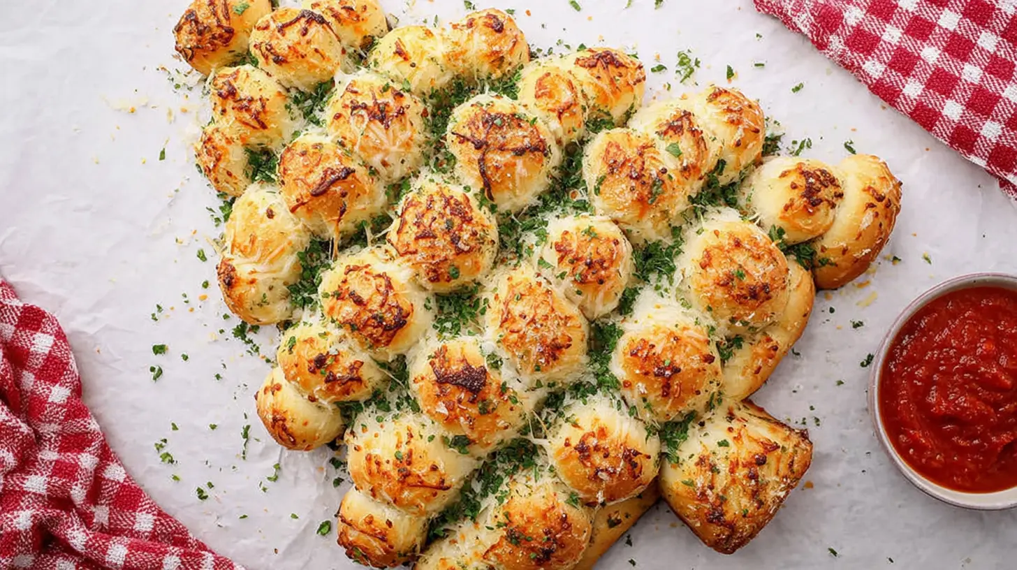 Overhead view of golden-brown, cheesy Christmas Tree Pull Apart Bread, garnished with herbs and served with marinara sauce.