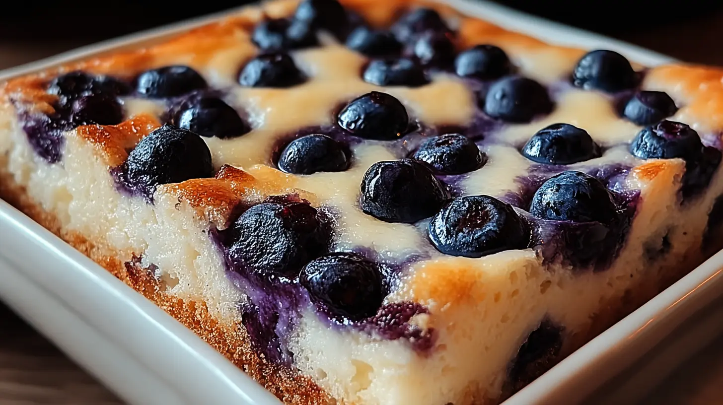 Close-up of a freshly baked blueberry cottage cheese breakfast bake in a white dish, highlighting its creamy texture and vibrant blueberries.