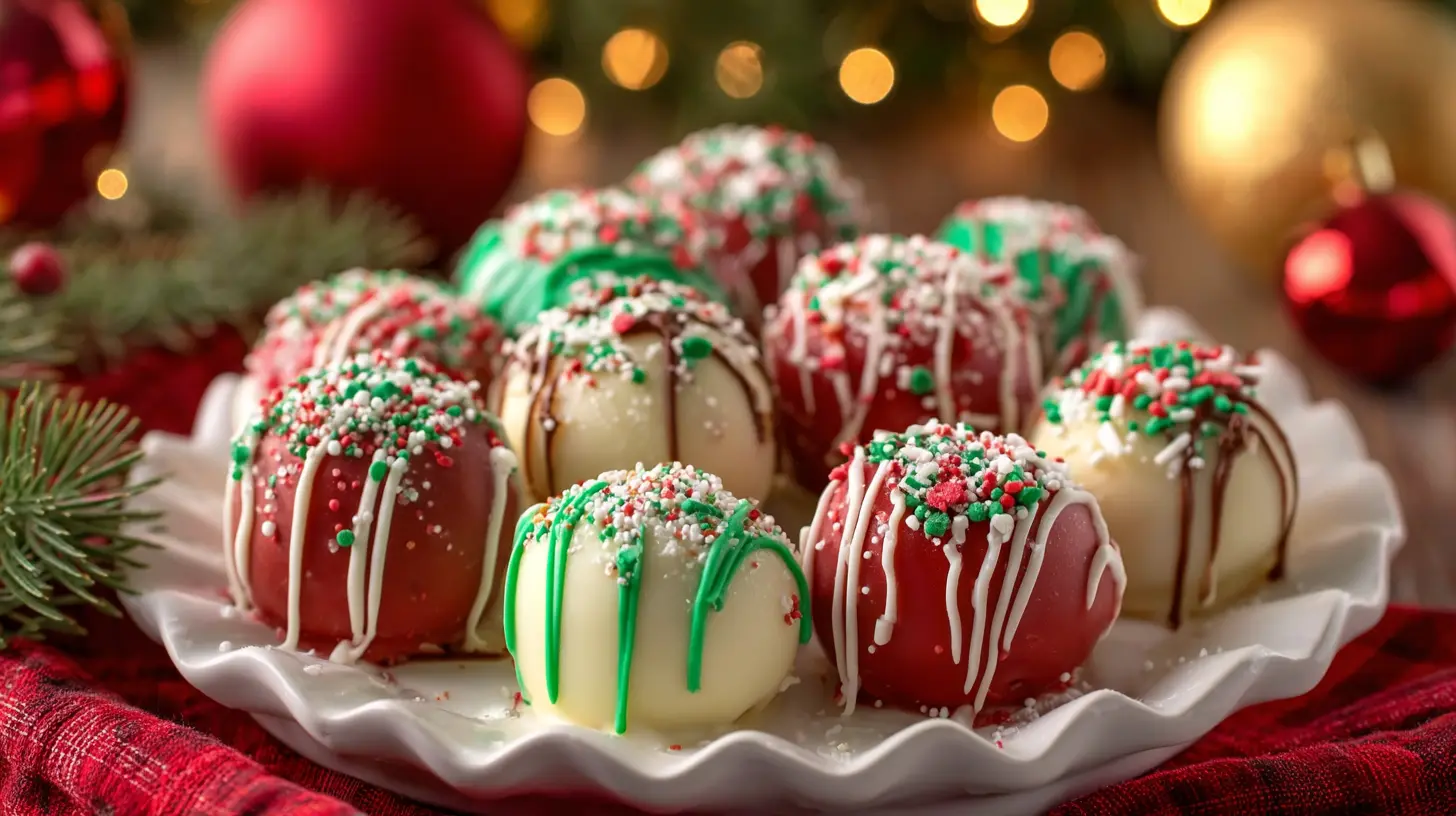 Vibrant red, white, and green no bake Christmas cheesecake bites arranged on a festive platter amidst holiday decor.