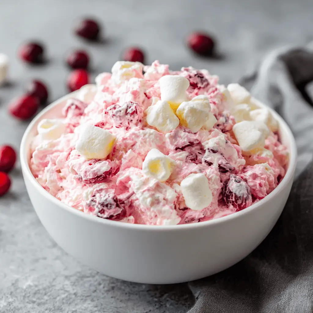 Close-up of a vibrant cranberry fluff salad with whipped pink cream, cranberries, and marshmallows in a white bowl.