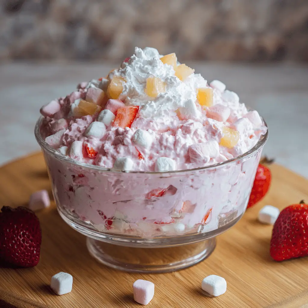 Vibrant strawberry fluff salad in a clear glass bowl, garnished with whipped cream, marshmallows, and fresh strawberries on a wooden board.
