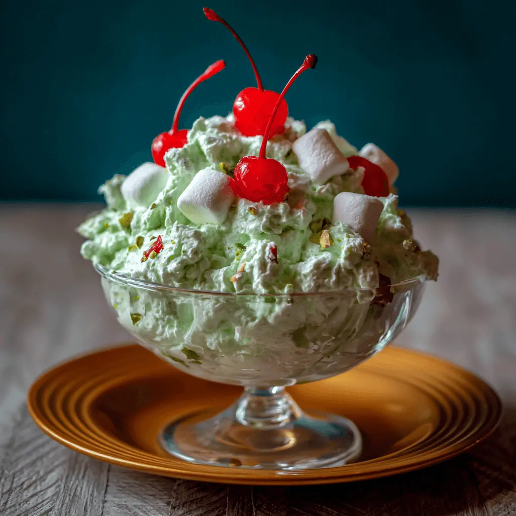 Vibrant pistachio fluff salad with cherries, marshmallows, and chopped pistachios in a glass dish on a golden plate.