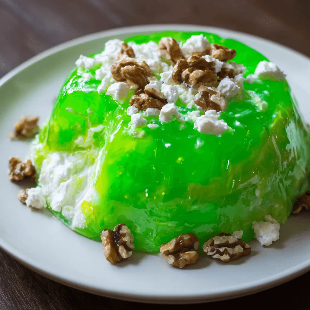 Dome-shaped green jello salad featuring a creamy white layer, topped with crunchy walnuts and white crumbles, presented on a light plate.