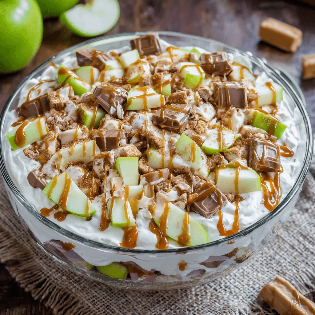 Delicious Snickers apple salad in a clear glass bowl with layers of whipped cream, green apples, caramel, and chocolate on a rustic wooden surface.
