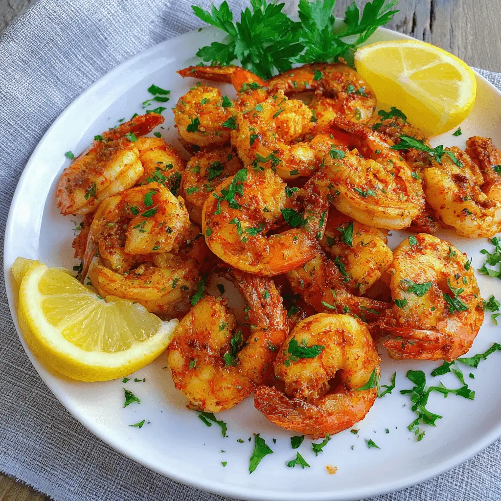 Vibrant close-up of perfectly cooked air fryer shrimp garnished with fresh parsley and lemon wedges.